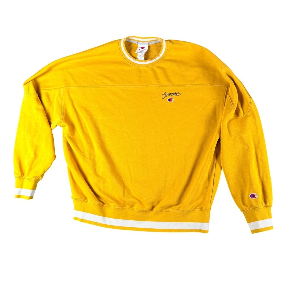 Champion Mens Mustard Yellow Crewneck Sweatshirt Striped Trim Size Medium